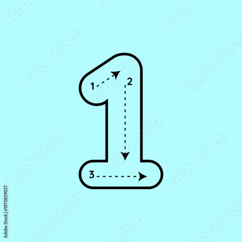 Professional vector illustration for number 1 tracing. Simple educational worksheet featuring clear dashed lines and directional arrows to help toddlers and young children learn correct number writing