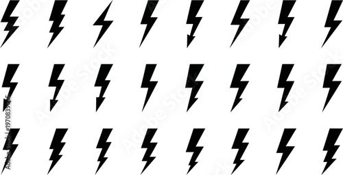 Clean and modern collection of bold black lightning bolt arrows arranged in rows, ideal for business, technology, or marketing projects. Perfect for infographics, web design, and dynamic visual 