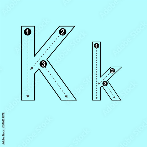 Educational alphabet tracing guide for uppercase and lowercase letter K. Vector template with step-by-step directional arrows for children's handwriting practice and letter.