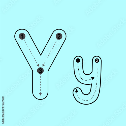 Educational alphabet tracing guide featuring both uppercase and lowercase letter Y. High-quality vector template with instructional arrows and dashed paths for kids handwriting development.