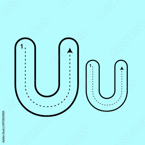 Educational alphabet tracing guide featuring both uppercase and lowercase letter U. High-quality vector template with instructional arrows and dashed paths for English language learning.