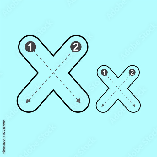 Educational alphabet tracing guide featuring both uppercase and lowercase letter X. High-quality vector template with instructional arrows and dashed paths for primary school writing exercises.