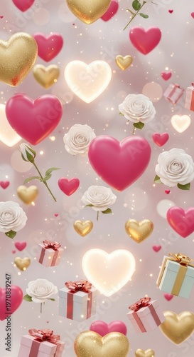 Pink gold and white hearts roses gifts floating on light pink background mother's day background wallpaper poster banner download 2026 2027
