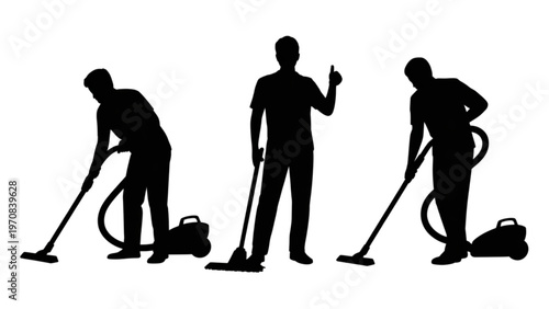 Three silhouettes demonstrating different vacuum cleaning techniques Vector