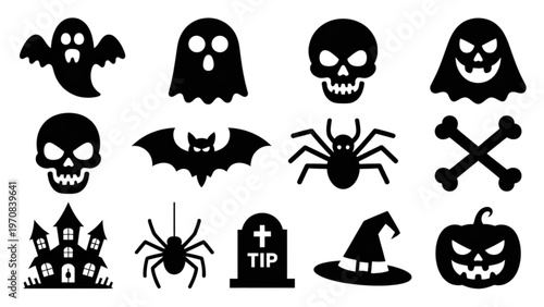 Assorted spooky halloween-themed icons featuring ghosts, bats, and spiders Vector