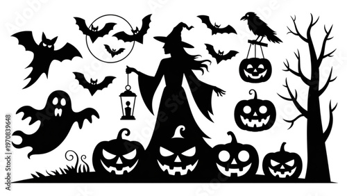 Witch casting a spell surrounded by flying bats and jack-o'-lanterns on halloween night Vector
