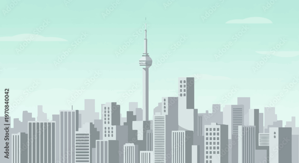 Obraz premium Modern city skyline with tall buildings and a central tower under a pale sky.