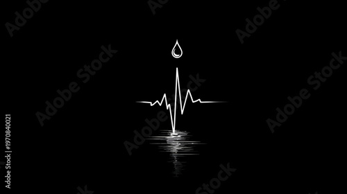 Monochrome depiction features a heartbeat line with drop above, reflected, against a dark backdrop