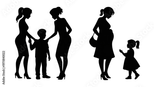 Silhouettes of a family with two adults and two children walking together Vector
