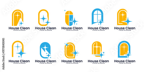 Collection of house cleaning logos with modern vector style, perfect for cleaning services, home maintenance companies, and hygiene businesses.