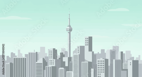 Modern city skyline with tall buildings and a central tower under a pale sky.