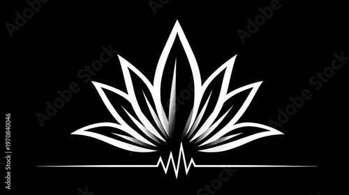 Stylized, symmetrical, white illustration on a black background. Floral-like design with heartbeat line