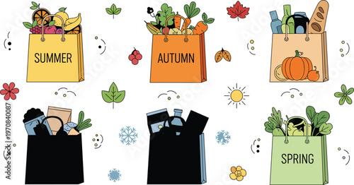 Seasonal grocery shopping bags set with summer autumn spring winter food products and organic produce vector illustration collection