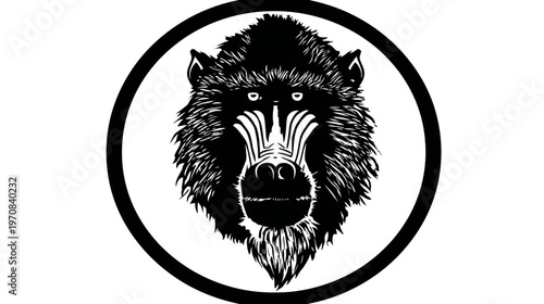 Bold monochrome illustration of a baboon's face inside a circular frame on a white background