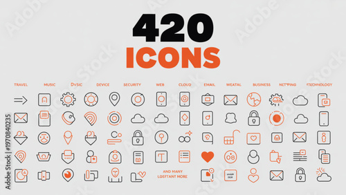 A collection of 420 colorful and varied icons arranged in a grid layout Vector
