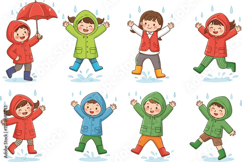 Kids playing in rain vector illustration cartoon children wearing raincoats jumping in puddles with umbrella for outdoor fun activity lifestyle design