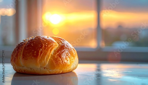 A pastry on a table in front of a sunset