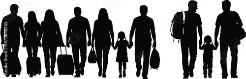 Group of diverse family members and travelers walking with suitcases and backpacks in silhouette for summer vacation and airport travel concepts.