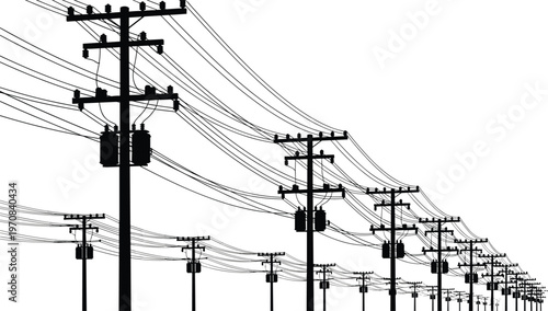 High voltage electric power line poles with wires and transformers silhouette illustration, industrial energy infrastructure isolated on white background, vector