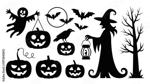 Halloween-themed collection of black and white pumpkins, bats, and spooky icons Vector