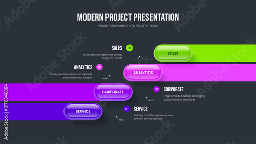 Visual Strategy 4 Step Diagram Presentation Layout. Company Overview Slide Design Vector Illustration. Product Launch Four Option Infographic Frame Template.