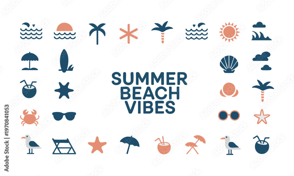 Obraz premium Tropical beach doodle vector set with waves palm trees surfboards and summer elements isolated on white background.