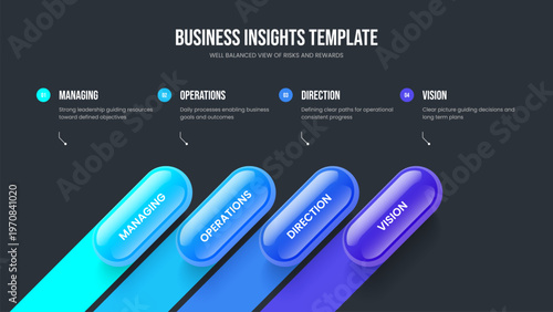 Business Growth 4 Element Diagram Frame Template. Professional Review Four Option Infographic Presentation Design. Marketing Solution Slide Layout Vector Illustration.