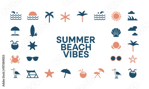 Tropical beach doodle vector set with waves palm trees surfboards and summer elements isolated on white background.