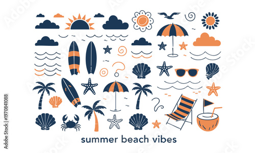 Ocean beach doodle vector set with tropical elements waves surfboards and summer icons isolated.