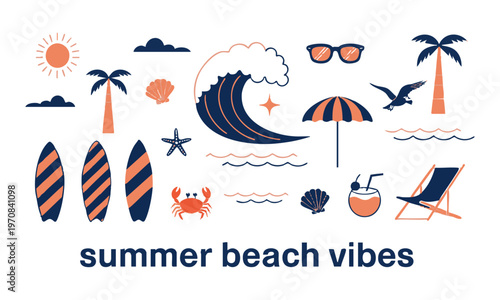 Summer beach doodle vector illustration set with ocean waves palm trees and tropical elements isolated.