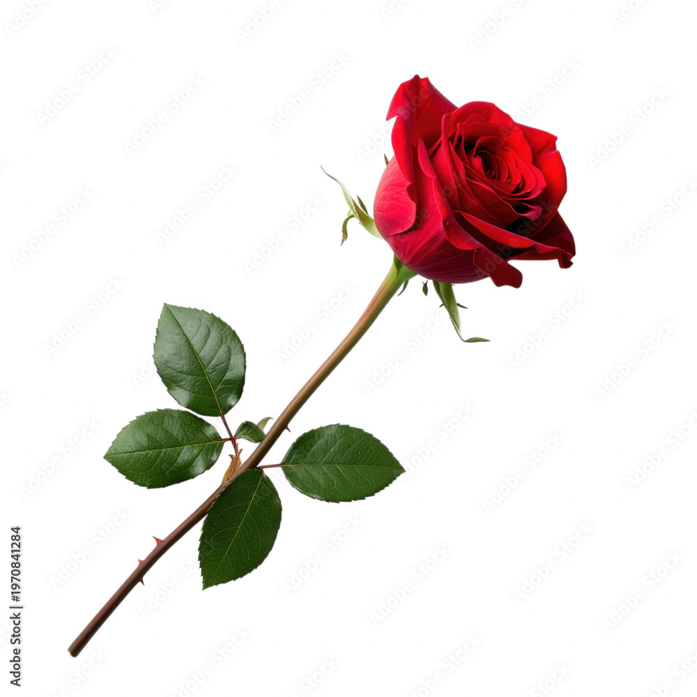 Obraz premium Vibrant red flower with green leaves isolated on a transparent background petals