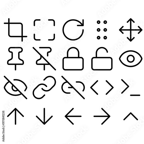 essential user interface navigation and editing icons set, thin line web application vector symbols