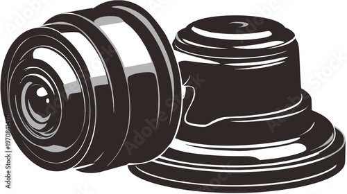 Black and white illustration of two photographic lens components with metallic reflections