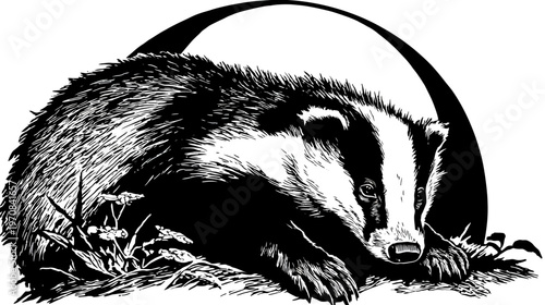 A detailed black and white illustration of a badger lying in grass with wildflowers