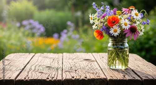 Rustic wooden table with a bouquet of colorful wildflowers in a mason jar mother's day background wallpaper poster banner download 2026 2027