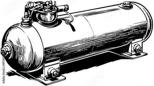 Black and white line drawing of a cylindrical industrial apparatus with various components