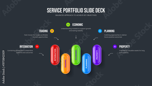 Enterprise Growth Slide Layout Vector Illustration. Professional Portfolio Five Step Diagram Frame Template. Market Showcase 5 Element Infographic Presentation Design.