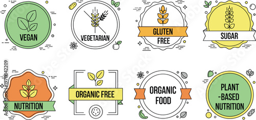 Healthy food labels set with vegan vegetarian gluten free organic plant based nutrition badges vector illustration collection