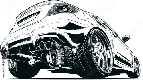 Bold black and white illustration of a stylized low-angle rear view of a modern car