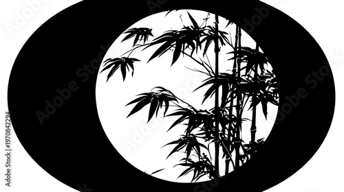 A striking black and white silhouette of bamboo plants inside a circular frame
