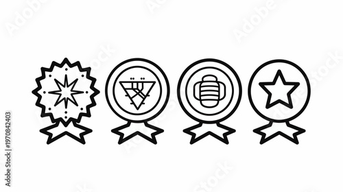 A group of four medals. Each with a unique design starburst, geometric, beer mug, and star