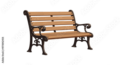 An empty wooden park bench with decorative dark metal supports is angled slightly on a pristine white background.