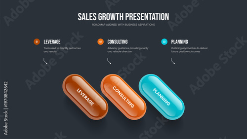 Digital Showcase Presentation Layout Vector Illustration. Professional Plan 3 Element Diagram Frame Design. Consulting Insight Three Step Infographic Slide Template.