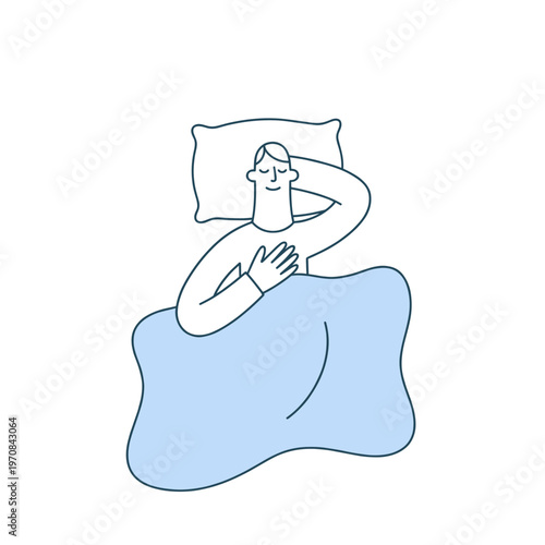 Man sleeping peacefully in bed under blue blanket with white background
