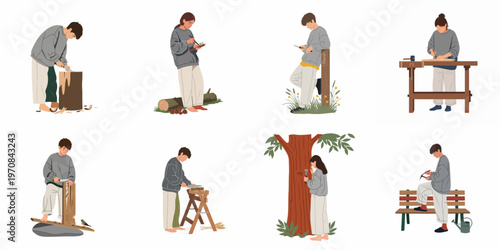 A collection of flat vector illustrations depicting people engaged in various woodworking and wood carving activities outdoors and at a workbench.
