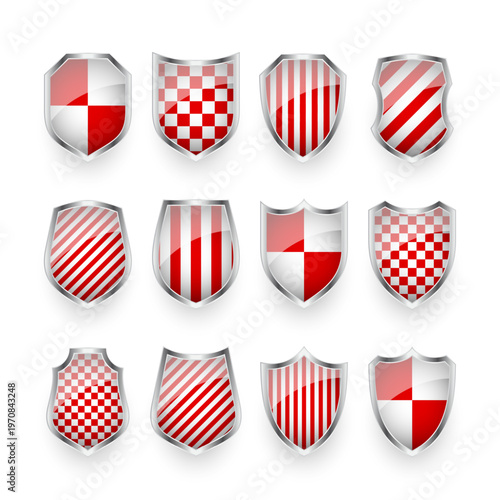 Glossy shields with red and black white. Security and protection concept. Cyber safety icons, internet privacy, web defense, digital data protection and antivirus themes. Vector illustration