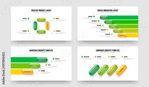 Sales Proposal 4 5 3 Element Diagram Presentation Design Bundle. Visual Solution Four Five Three Step Infographic Slideshow Template Vector Illustration Set.