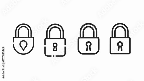 Four black and white padlock icons in a row, each with a different keyhole or design