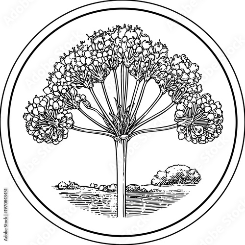 A botanical illustration of a flowering plant in a circular frame, featuring detailed line work