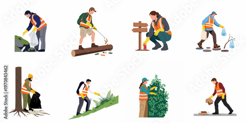 Flat illustration set of diverse volunteers in safety vests cleaning up litter and plastic waste in nature for environmental protection.